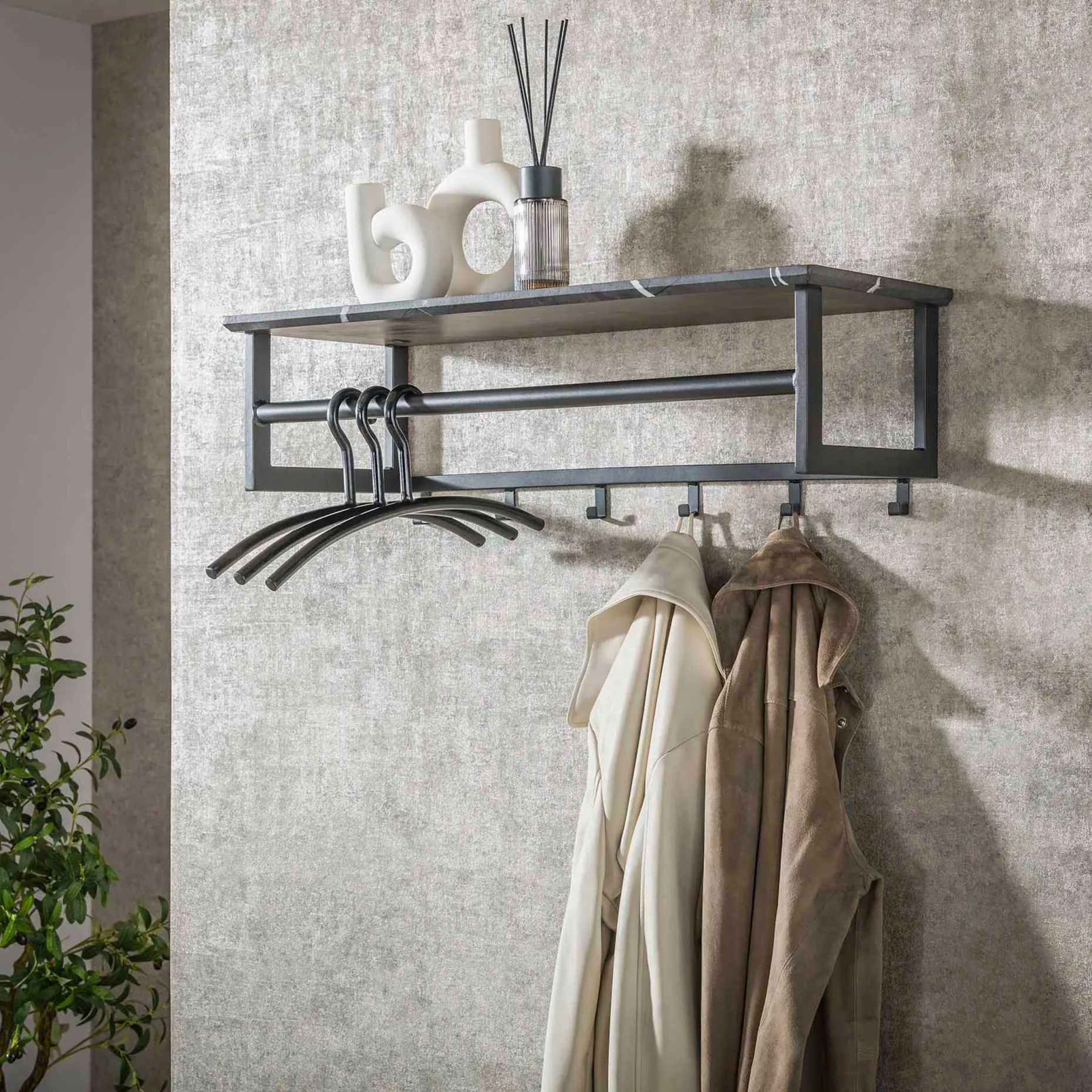 Stilvolle Garderobe - 6 Haken / 3D Melamin Graphit
