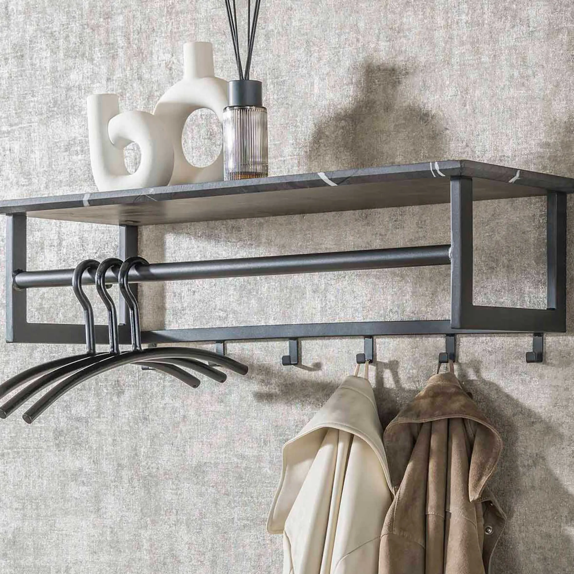 Stilvolle Garderobe - 6 Haken / 3D Melamin Graphit