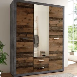 Storck 151cm Kleiderschrank mit 3 Türen und 2 Schubladen und Spiegel - alter Stil/Beton
