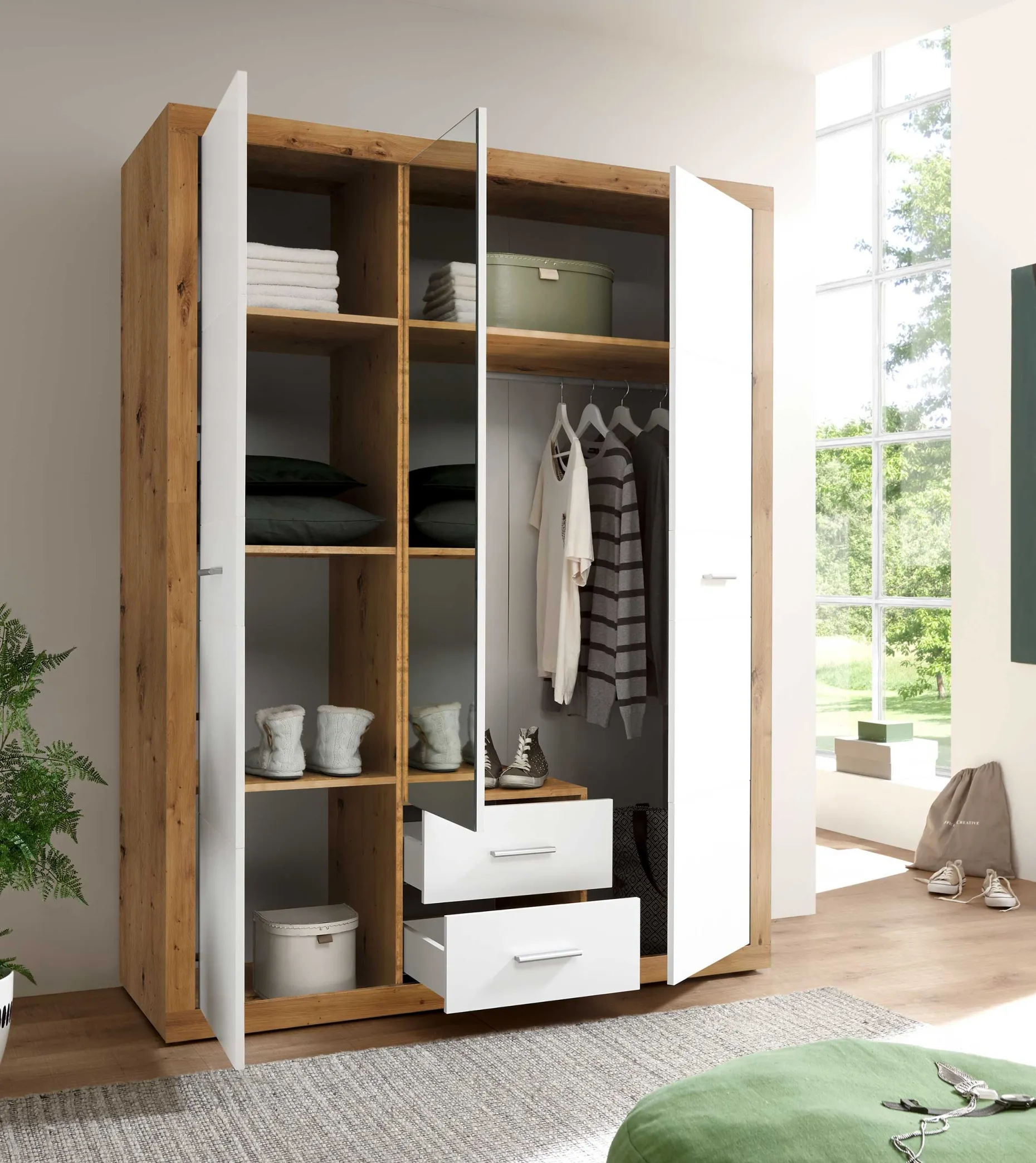 Storck 151cm 3 Türen und 2 Schubladen mit Spiegel - Artisan Eiche/Weiß