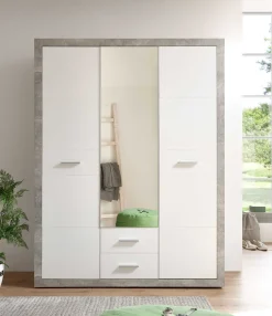 Storck Kleiderschrank 151cm mit 3 Türen und 2 Schubladen und Spiegel - Beton/Weiß