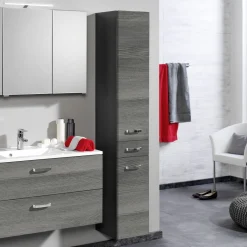 Säulenschrank Bobbi hoch 30cm 2 Türen und 1 Schublade - graphit/graue Eiche