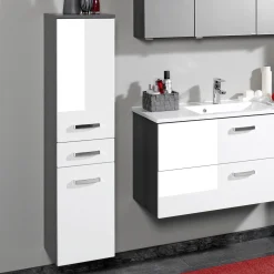 Säulenschrank Bobbi niedrig 30cm 2 Türen und 1 Schublade - graphit/hochglanz-weiß