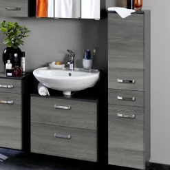 Säulenschrank Bobbi niedrig 30cm 2 Türen und 1 Schublade - graphit/graue Eiche