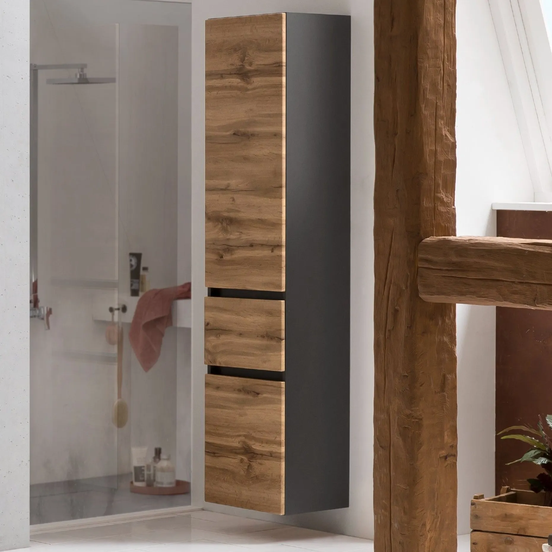 Säulenschrank Kornel/Luna 40cm 2 Türen und 1 Schublade - graphitgrau/Eiche