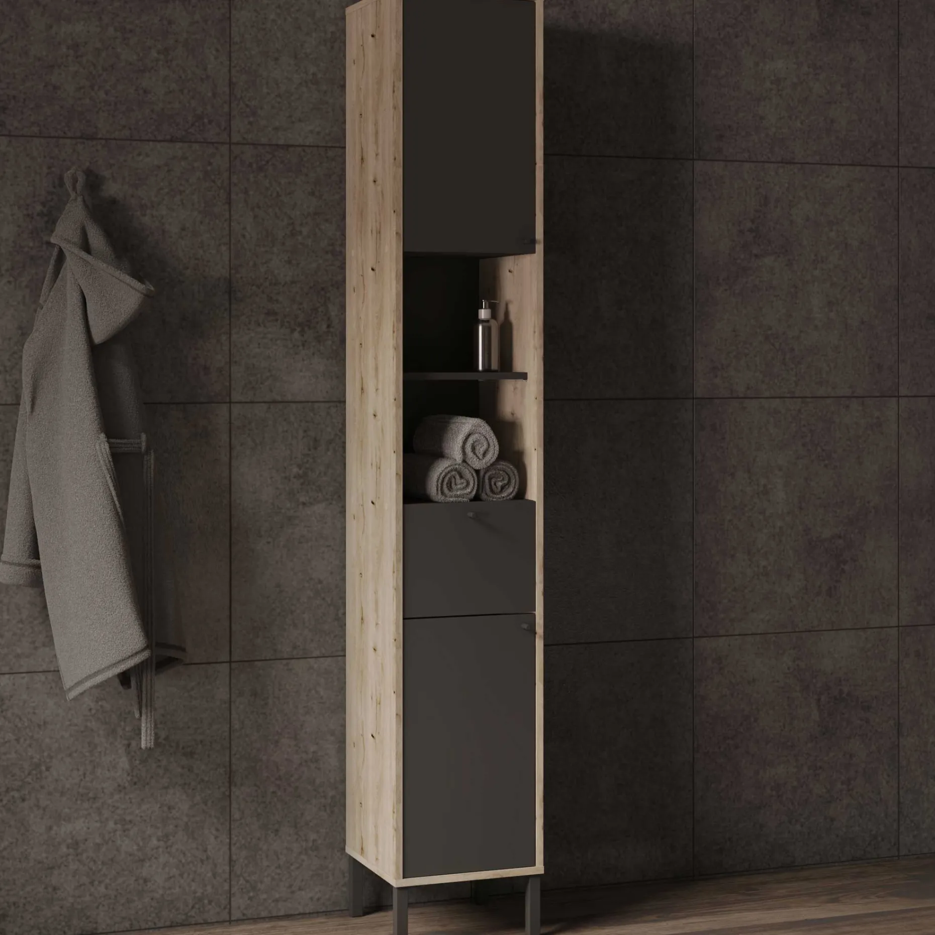 Säulenschrank Lagon - 39x33x201cm - 2 Türen und 1 Schublade - Schwarz/Eiche Dekor