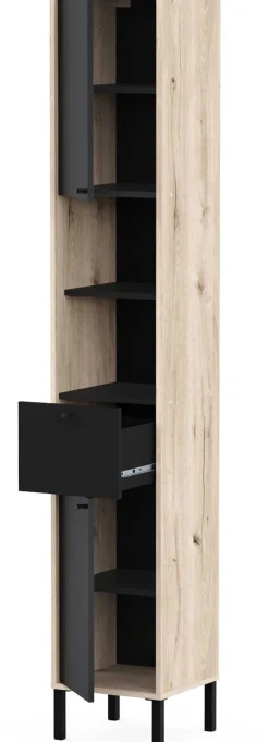 Säulenschrank Lagon - 39x33x201cm - 2 Türen und 1 Schublade - Schwarz/Eiche Dekor