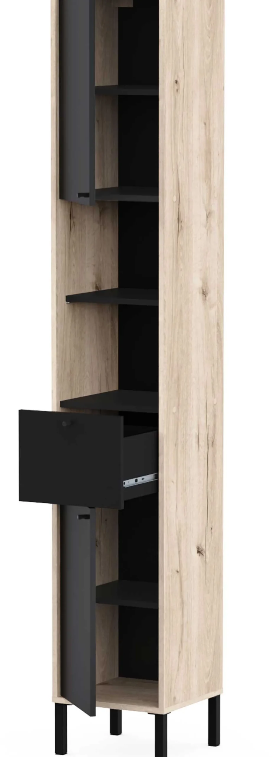 Säulenschrank Lagon - 39x33x201cm - 2 Türen und 1 Schublade - Schwarz/Eiche Dekor