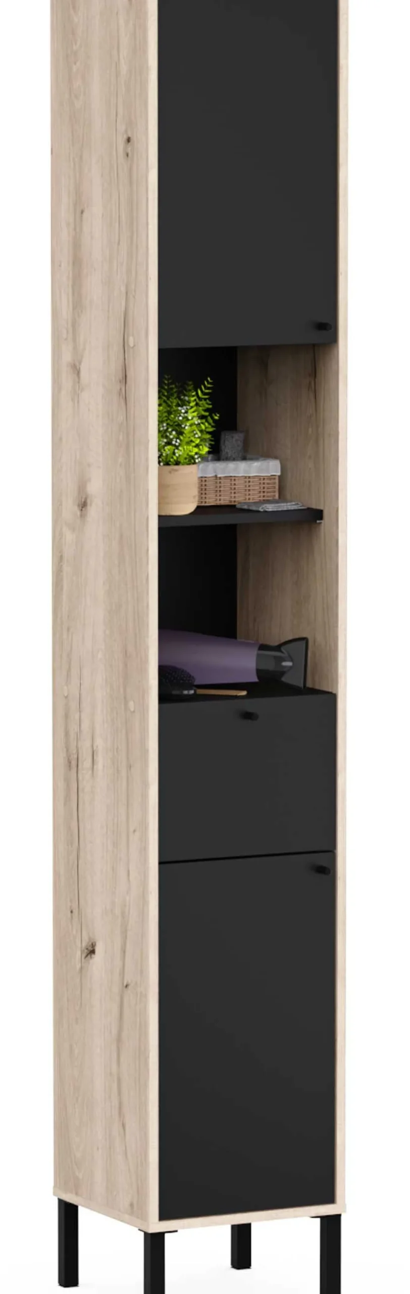 Säulenschrank Lagon - 39x33x201cm - 2 Türen und 1 Schublade - Schwarz/Eiche Dekor