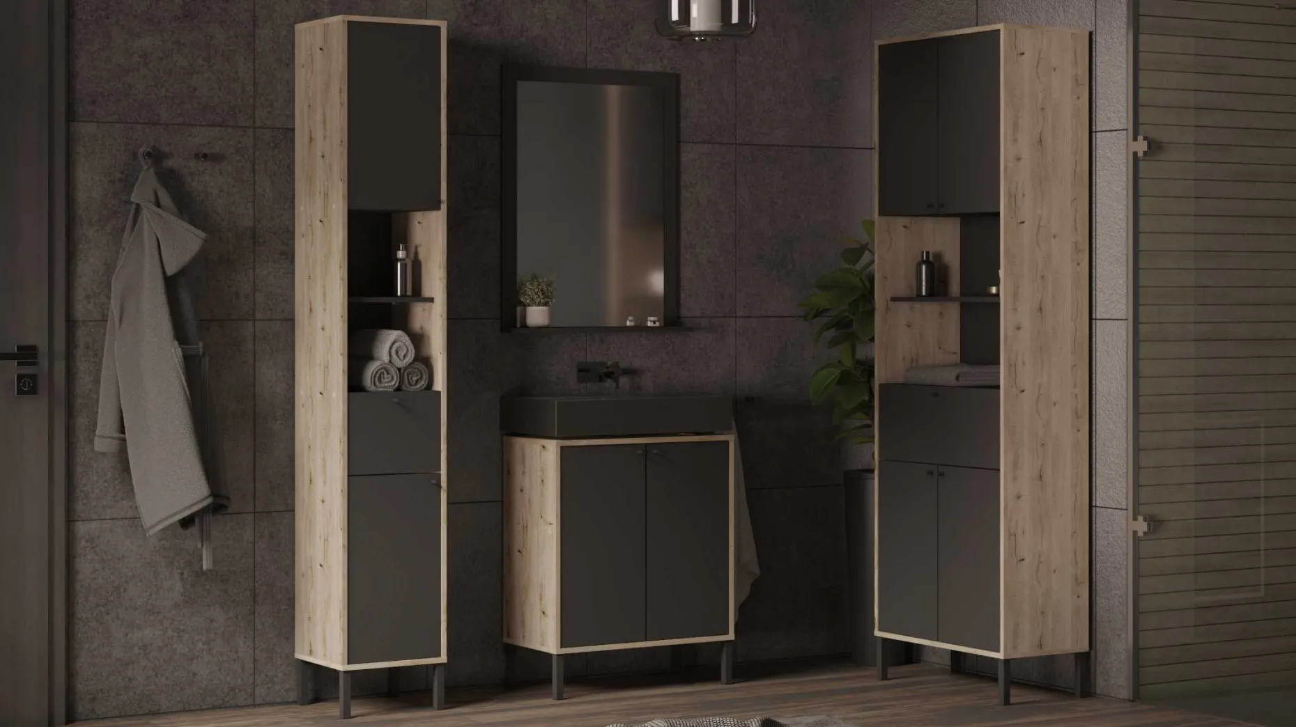 Säulenschrank Lagon - 39x33x201cm - 2 Türen und 1 Schublade - Schwarz/Eiche Dekor