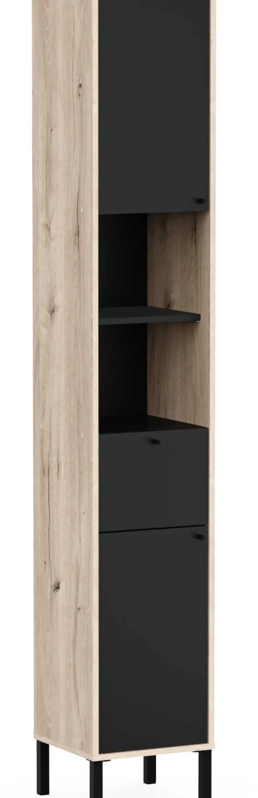 Säulenschrank Lagon - 39x33x201cm - 2 Türen und 1 Schublade - Schwarz/Eiche Dekor