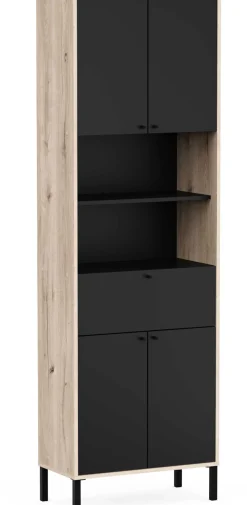 Säulenschrank Lagon - 69x33x201cm - 4 Türen und 1 Schublade - Schwarz/Eiche Dekor