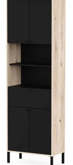 Säulenschrank Lagon - 69x33x201cm - 4 Türen und 1 Schublade - Schwarz/Eiche Dekor
