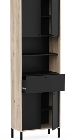 Säulenschrank Lagon - 69x33x201cm - 4 Türen und 1 Schublade - Schwarz/Eiche Dekor