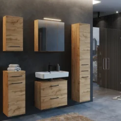 Säulenschrank Malvo 30cm 2 Türen und 1 Schublade - Eiche/schwarz