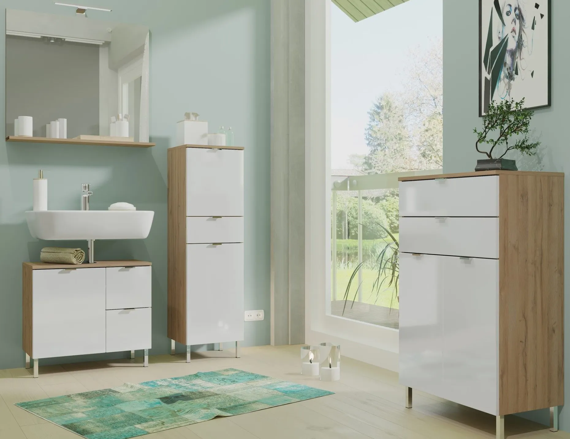 Säulenschrank Mauro mit 2 Türen und Schublade - Eiche/Weiß