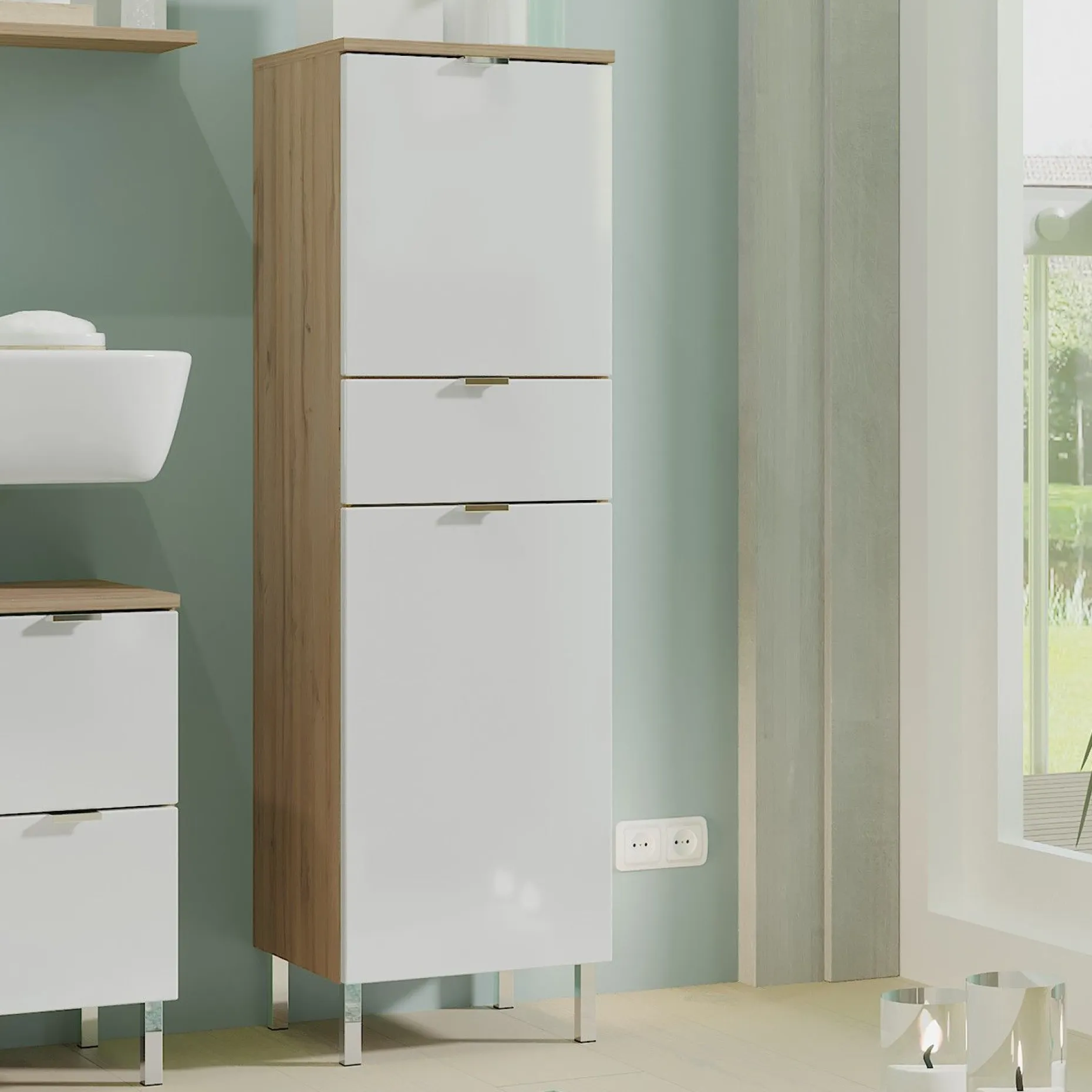 Säulenschrank Mauro mit 2 Türen und Schublade - Eiche/Weiß