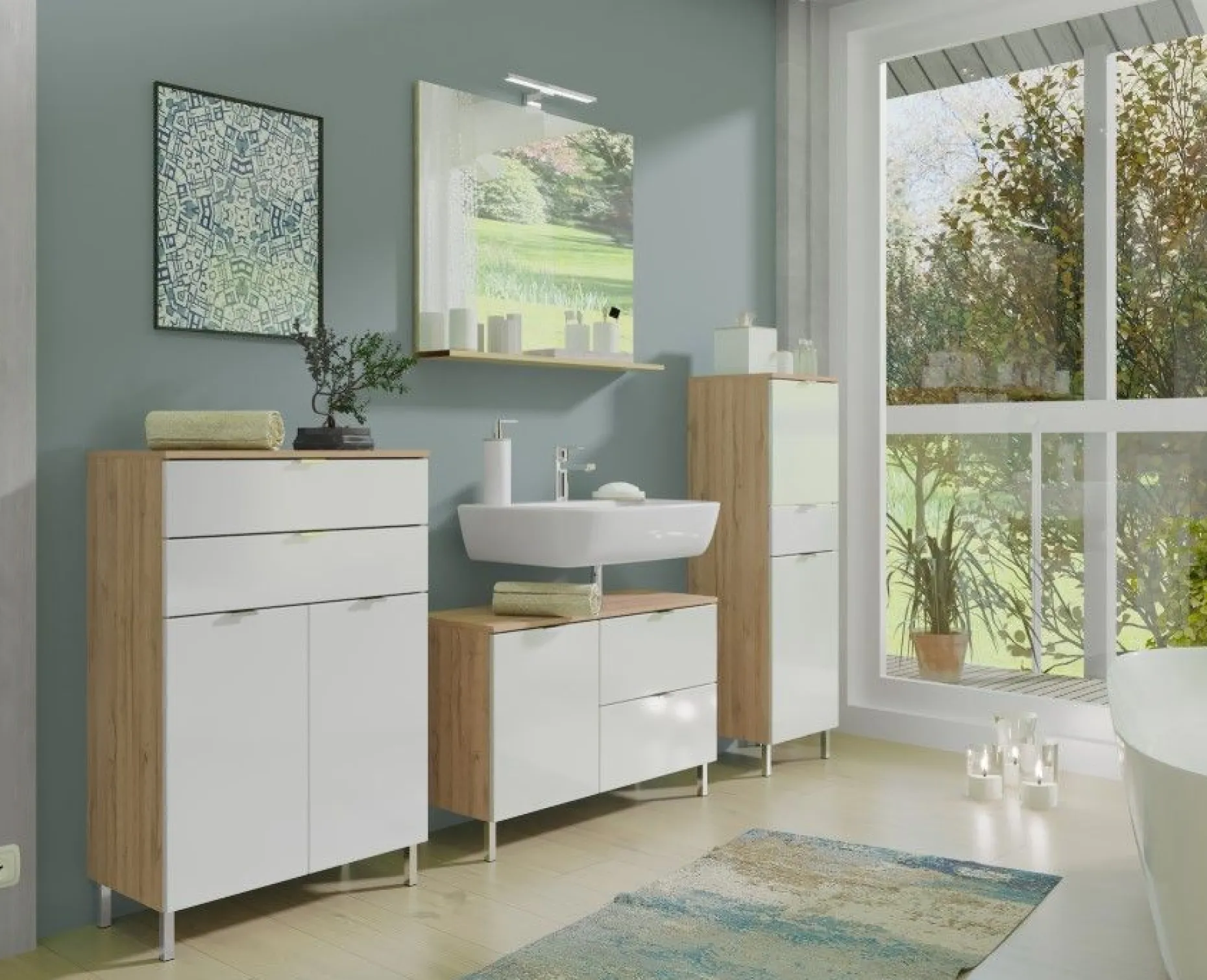 Säulenschrank Mauro mit 2 Türen und Schublade - Eiche/Weiß