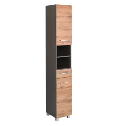 Säulenschrank Pares 30cm 2 Türen und 1 Schublade - Graphit/Eiche Rotbraun