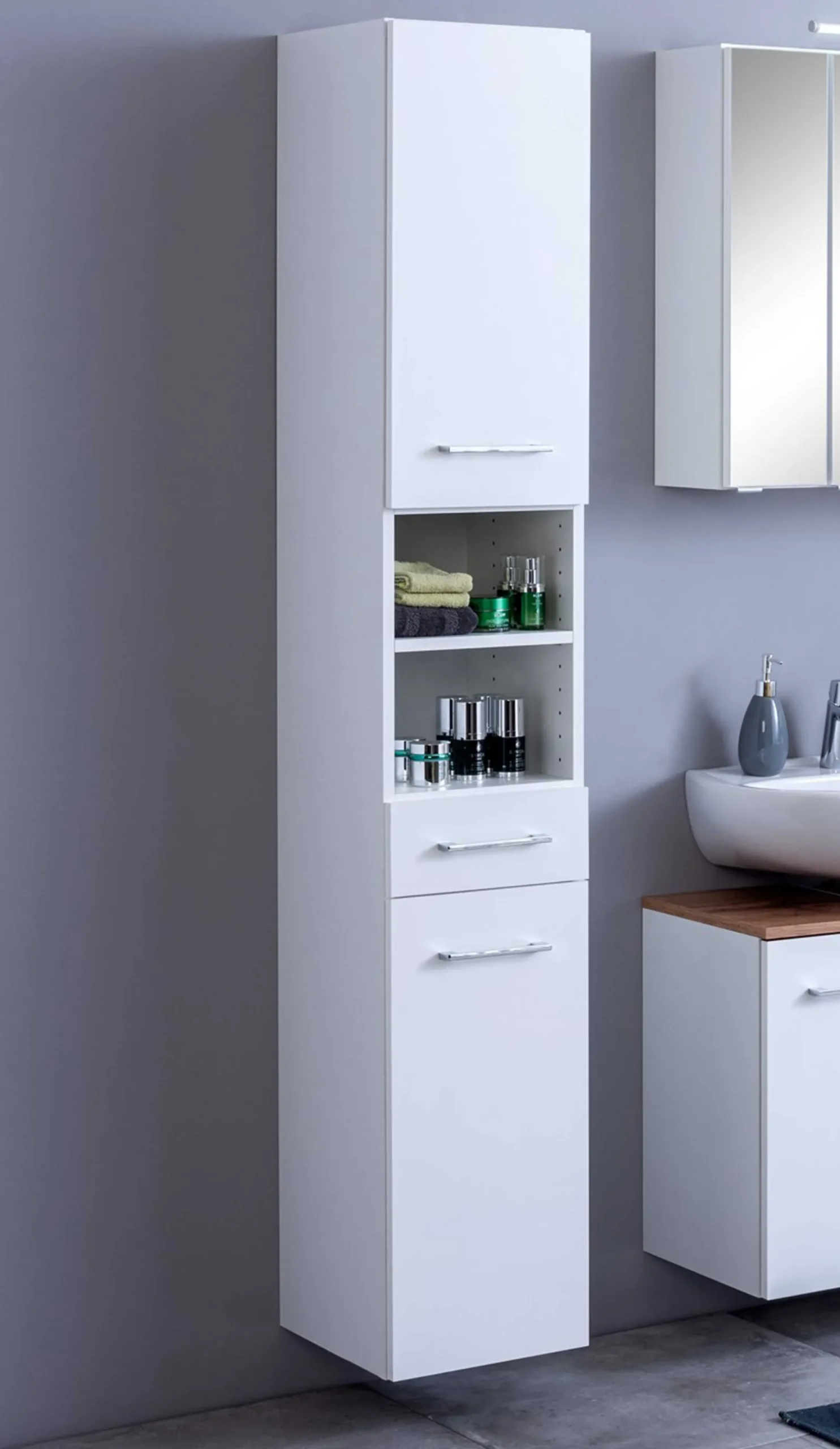 Säulenschrank Pares 30cm 2 Türen und 1 Schublade - weiß
