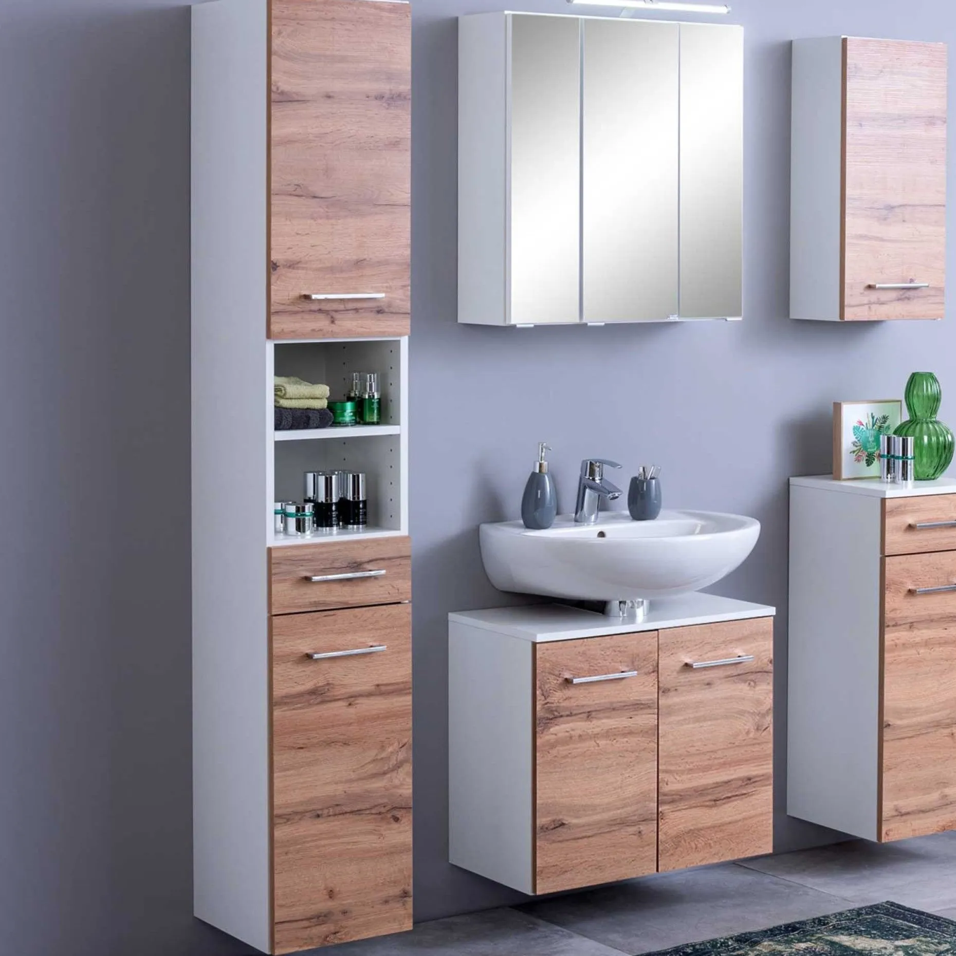 Säulenschrank Pares 30cm 2 Türen und 1 Schublade - Eiche weiß/wotan