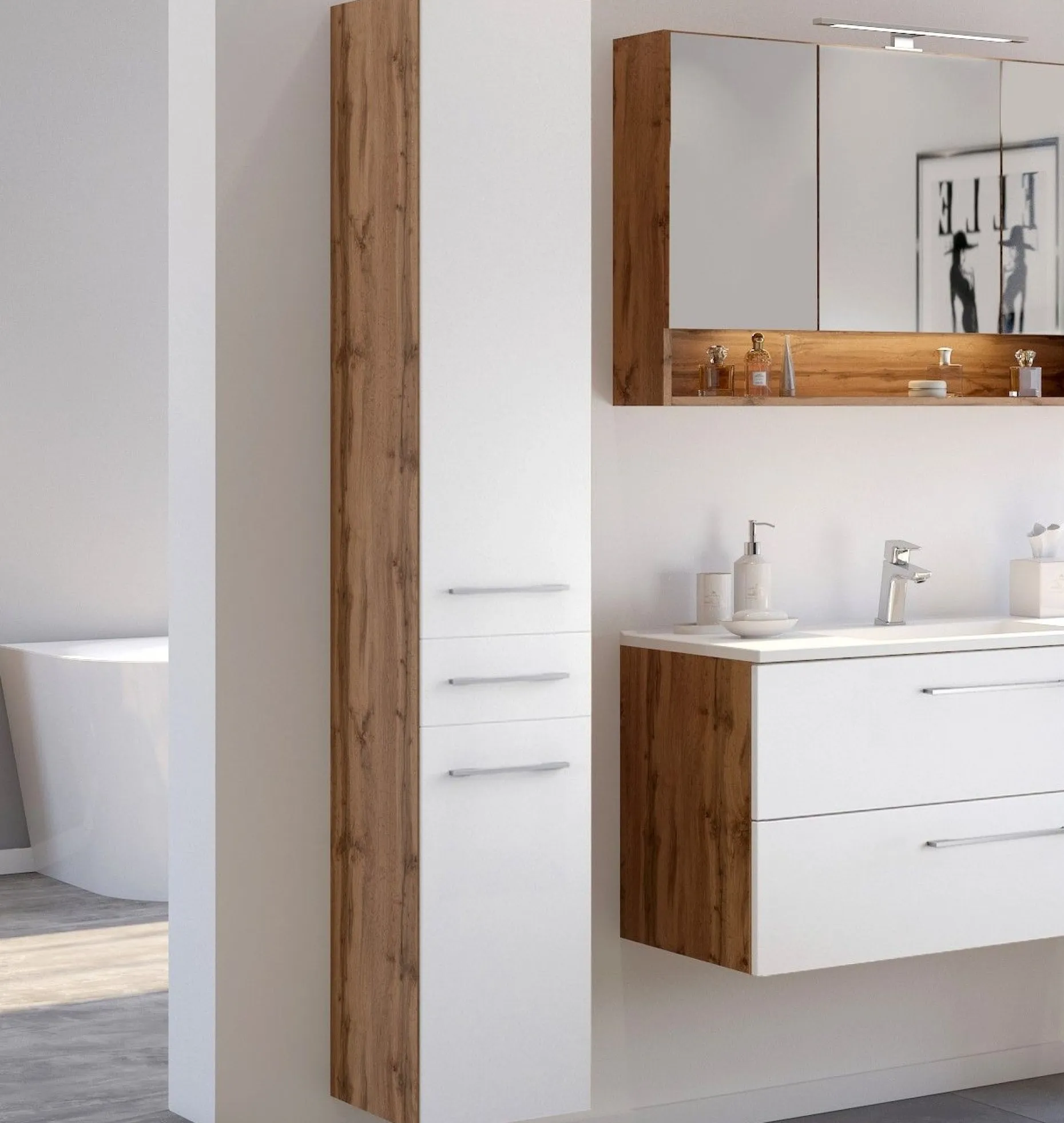 Säulenschrank Sefa 30cm 2 Türen und 1 Schublade - Eiche/Weiß