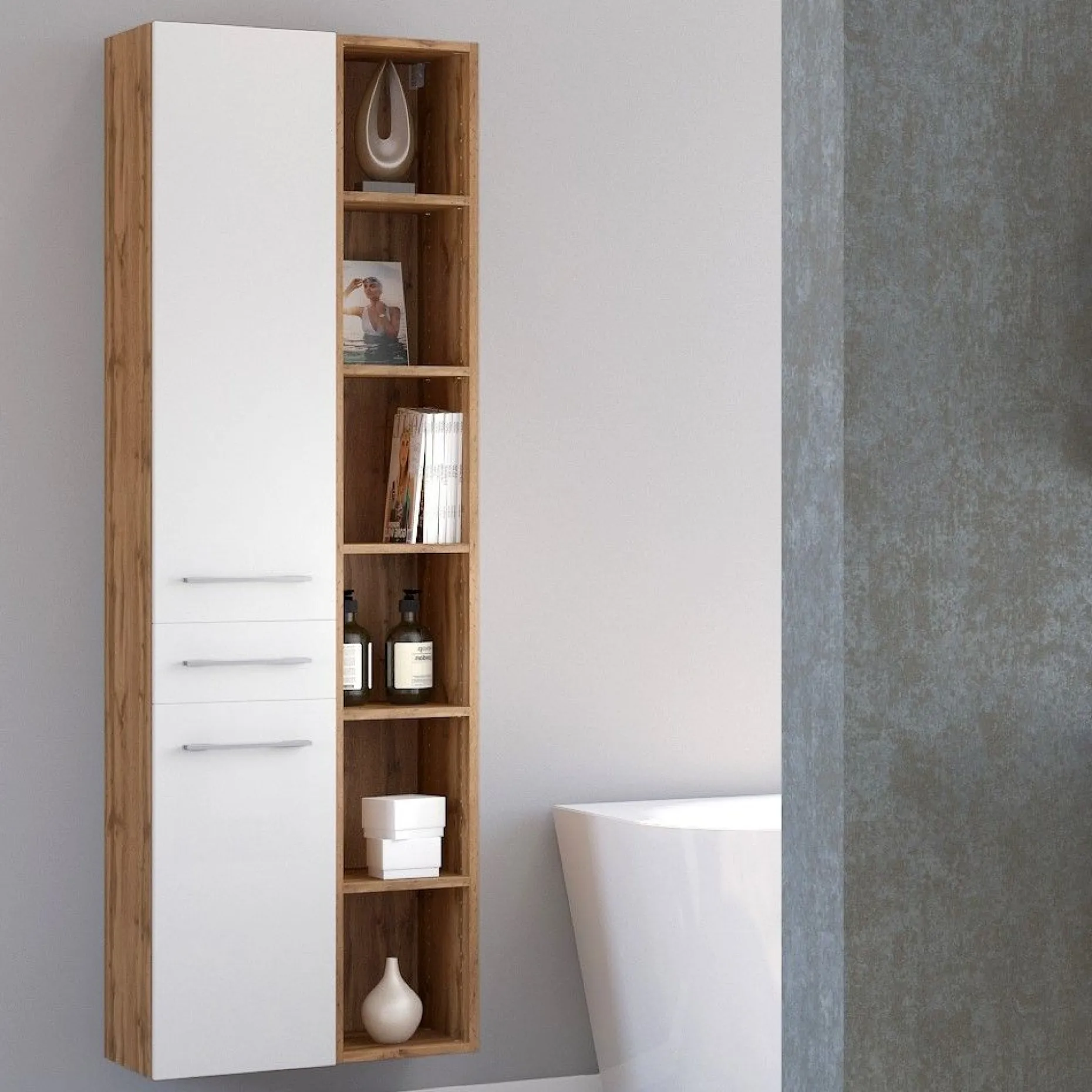 Säulenschrank Sefa 30cm 2 Türen und 1 Schublade - Eiche/Weiß