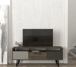 Tera Home TV Stand | 100% Melamin beschichtet | 18mm Dicke | Metallbeine | 150cm Breite, 55cm Höhe | Grau Anthrazit Walnuss