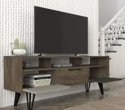 Tera Home TV Stand | 100% Melamin beschichtet | 18mm Dicke | Metallbeine | 150cm Breite, 55cm Höhe | Grau Anthrazit Walnuss