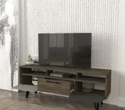 Tera Home TV Stand | 100% Melamin beschichtet | 18mm Dicke | Metallbeine | 150cm Breite, 55cm Höhe | Grau Anthrazit Walnuss