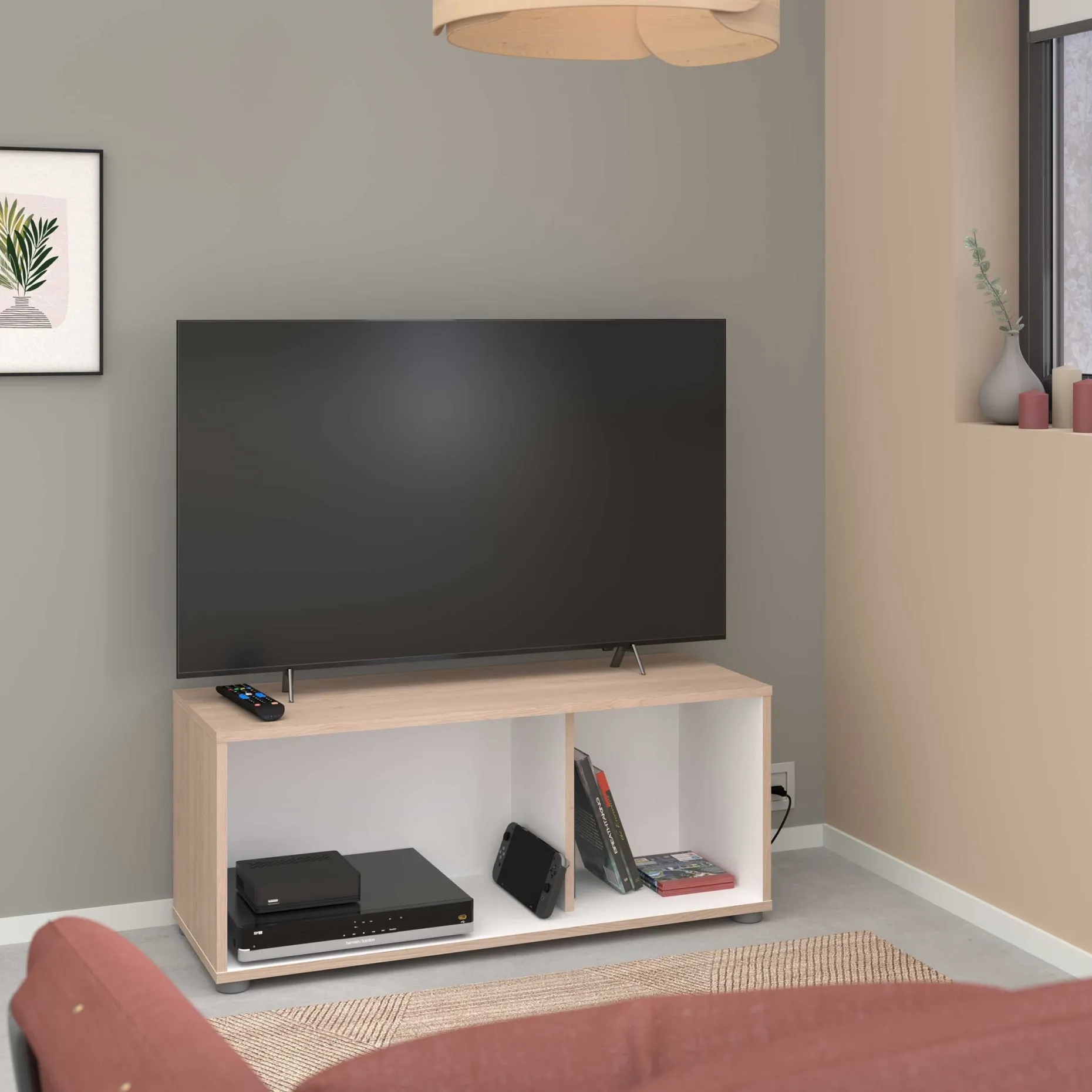 Thebe TV-Schrank - 90x33x38cm - weiß/Eiche Dekor
