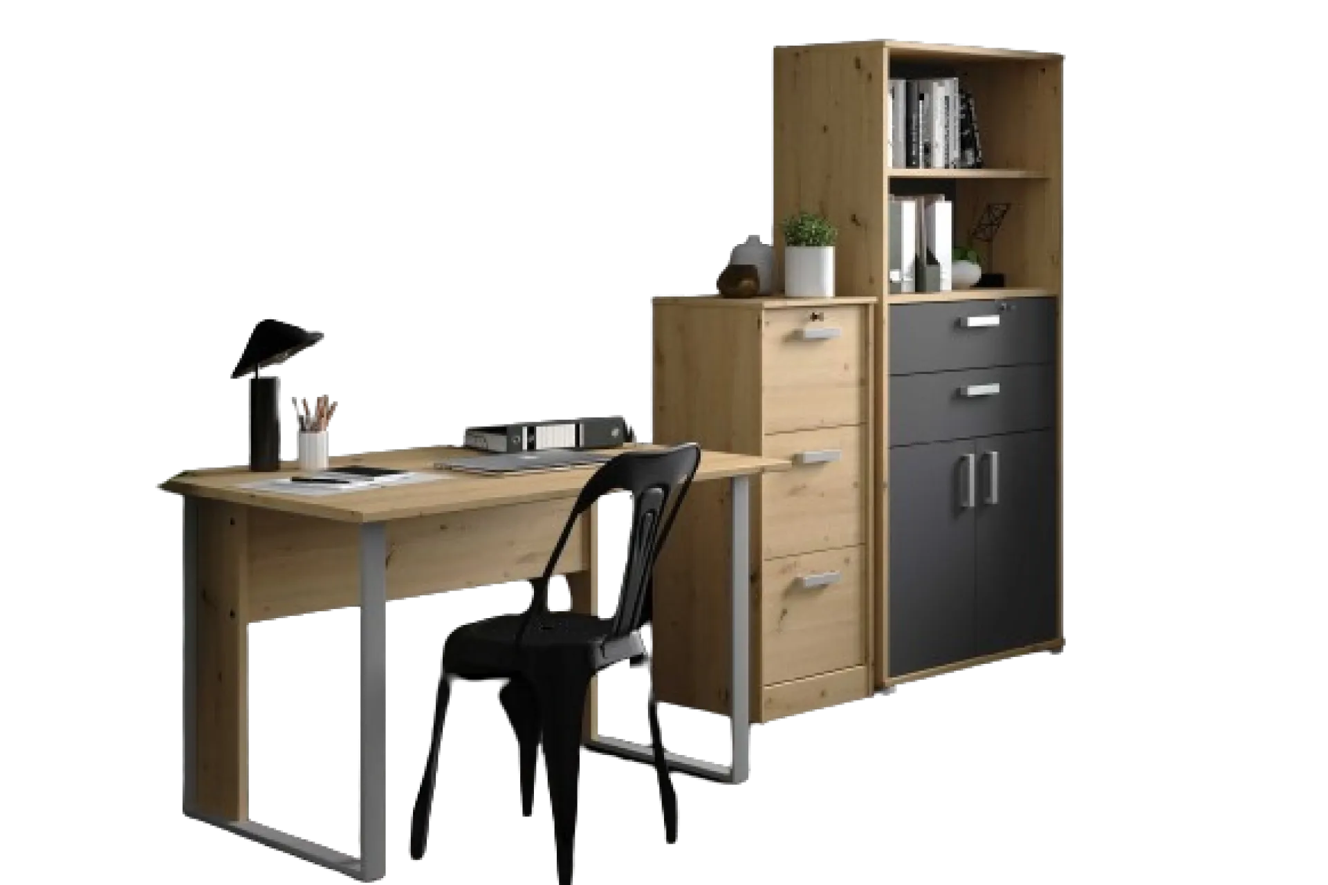 Parisot The OfficeBüro-Set : Schreibtisch 120cm, Aktenschrank, Bücherregal - Eiche Dekor