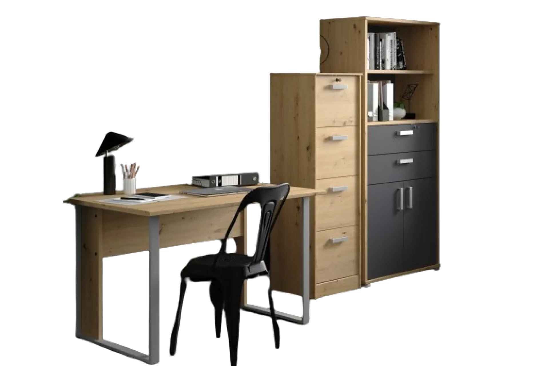 Parisot The OfficeBüro-Set : Schreibtisch 150cm, Aktenschrank, Bücherregal - Eiche Dekor
