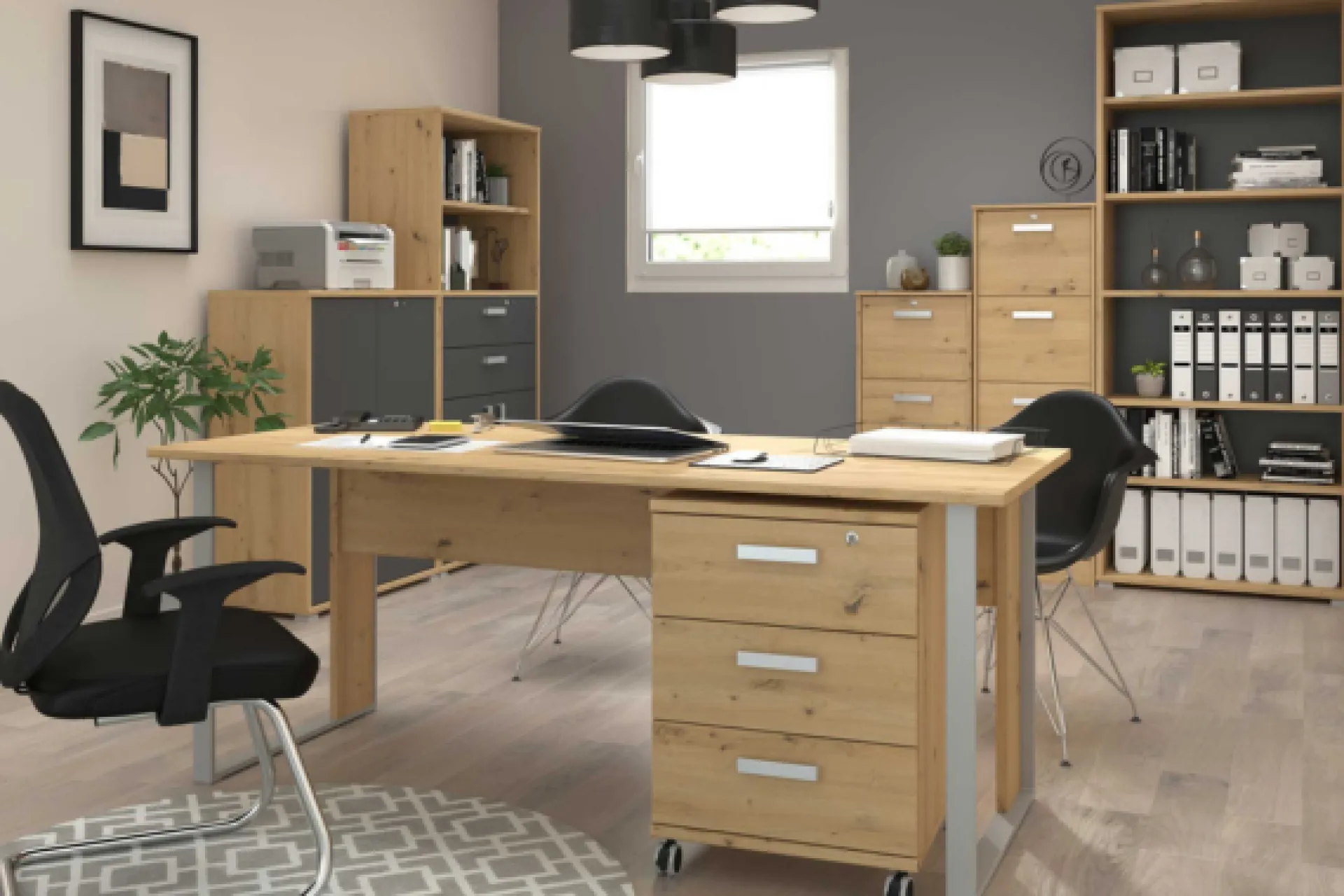 Parisot The OfficeBüro-Set : Schreibtisch 180cm, Schubladenschrank, Bücherregale, Aktenschränke - Eiche Dekor