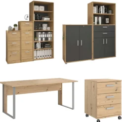 Parisot The OfficeBüro-Set : Schreibtisch 180cm, Schubladenschrank, Bücherregale, Aktenschränke - Eiche Dekor