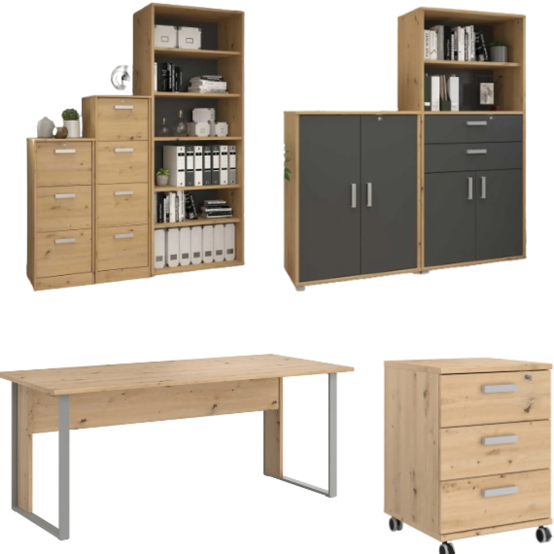 Parisot The OfficeBüro-Set : Schreibtisch 180cm, Schubladenschrank, Bücherregale, Aktenschränke - Eiche Dekor