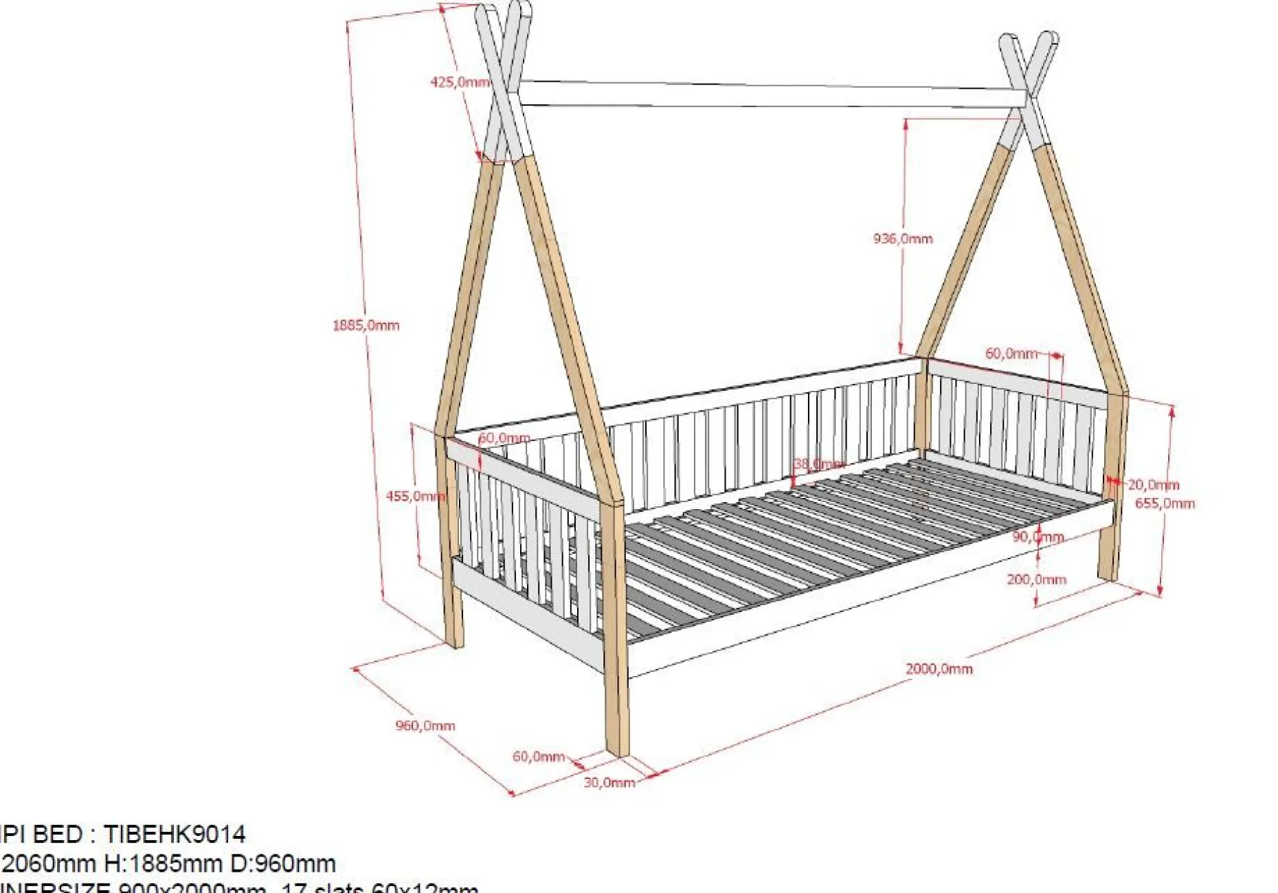 Tipi-Bett 90 x 200cm mit Bettkasten - weiß