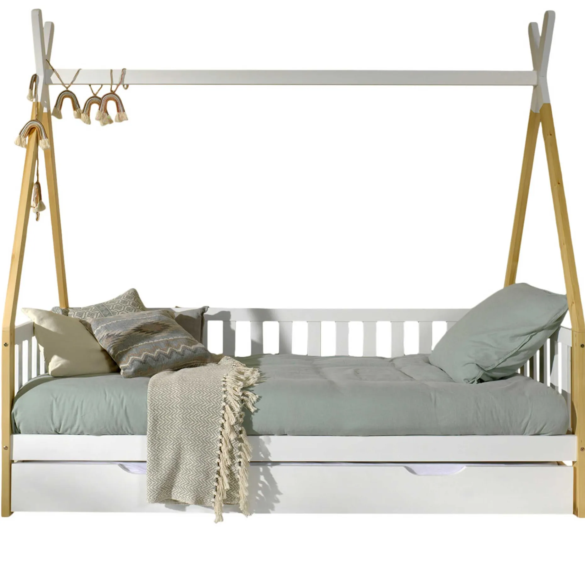 Tipi Bett 90 x 200cm mit Reling und Bettkasten Kiefer - weiß