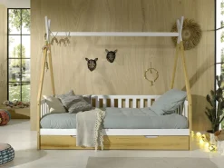 Tipi-Bett 90 x 200cm mit Reling und Bettkasten Massivholz - Kieferholz/weiß