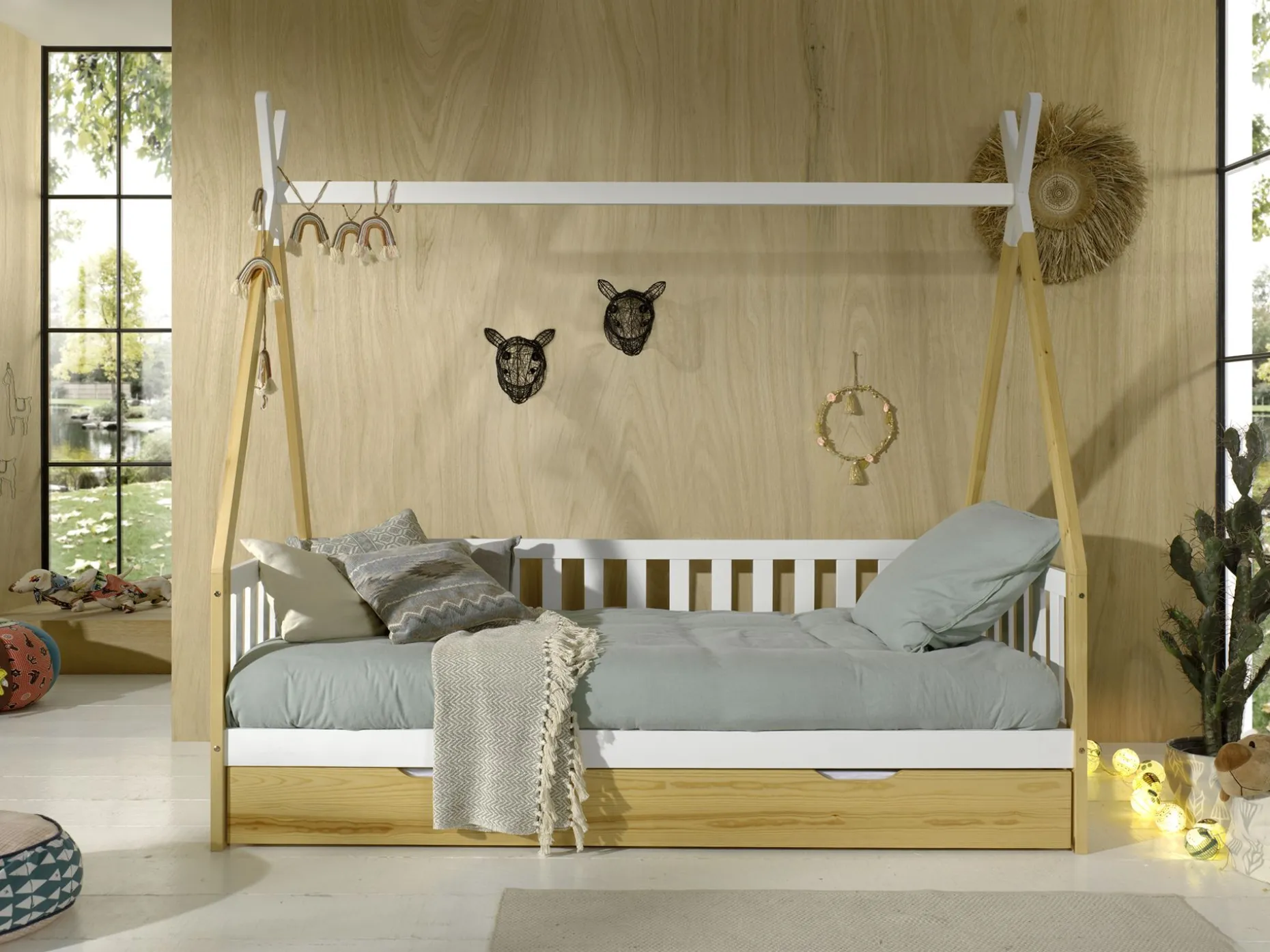 Tipi-Bett 90 x 200cm mit Reling und Bettkasten Massivholz - Kieferholz/weiß