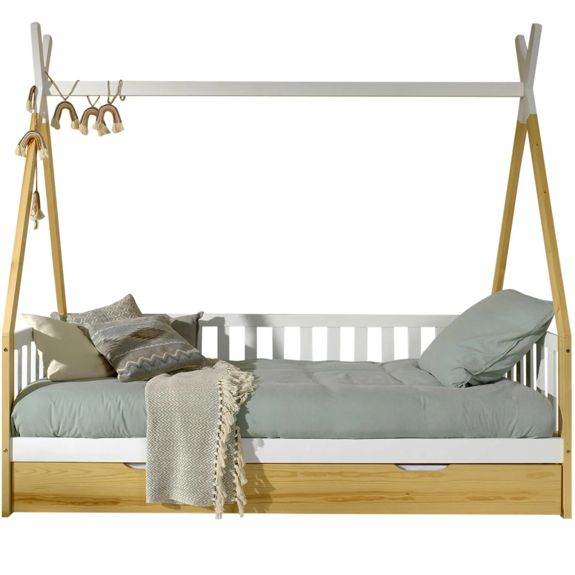 Tipi-Bett 90 x 200cm mit Reling und Bettkasten Massivholz - Kieferholz/weiß