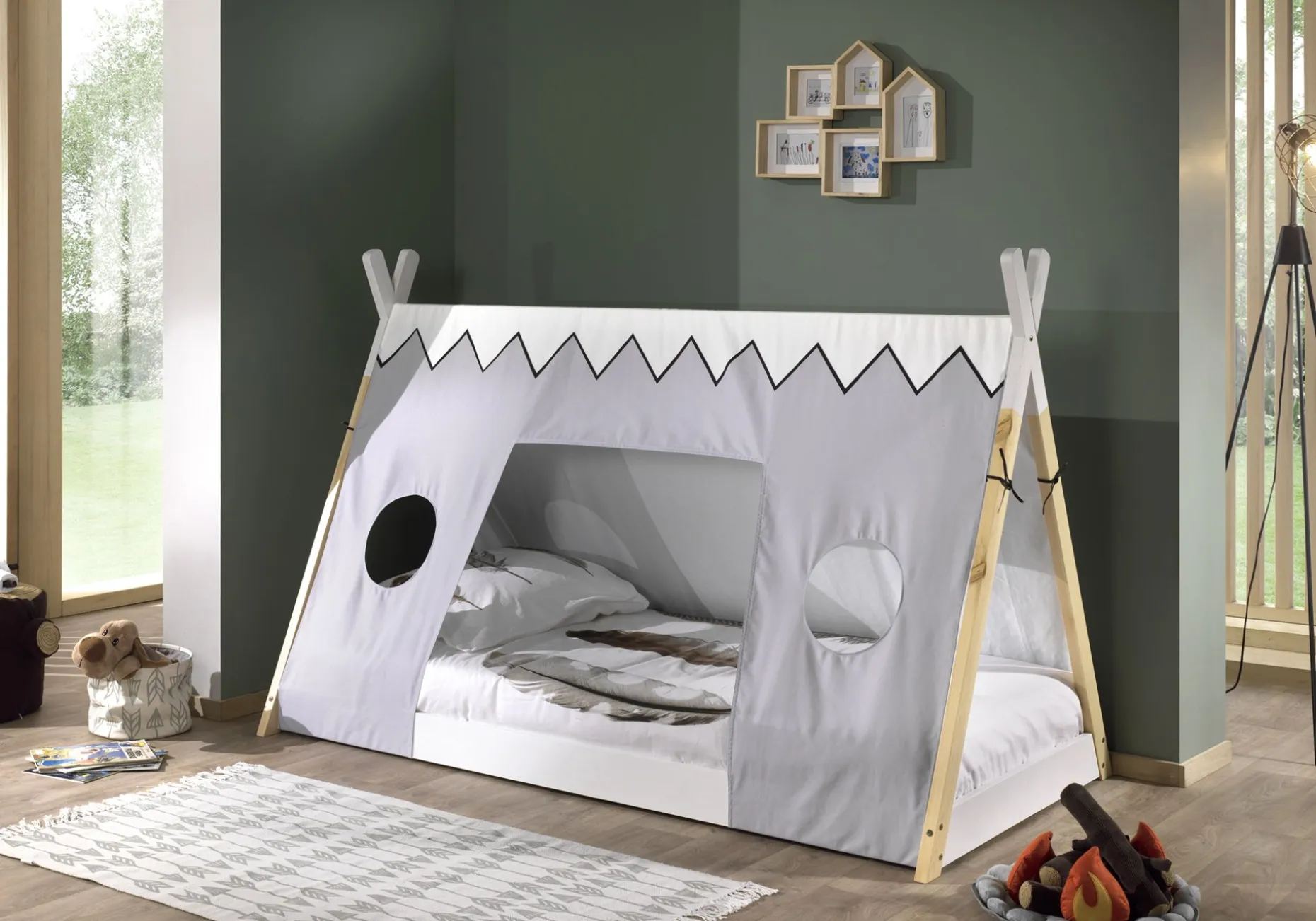 Tipi-Bett 90 x 200 mit Schlafzelt - weiß/Kieferholz