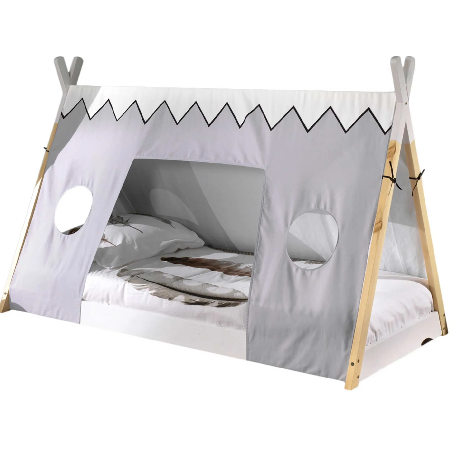 Tipi-Bett 90 x 200 mit Schlafzelt - weiß/Kieferholz