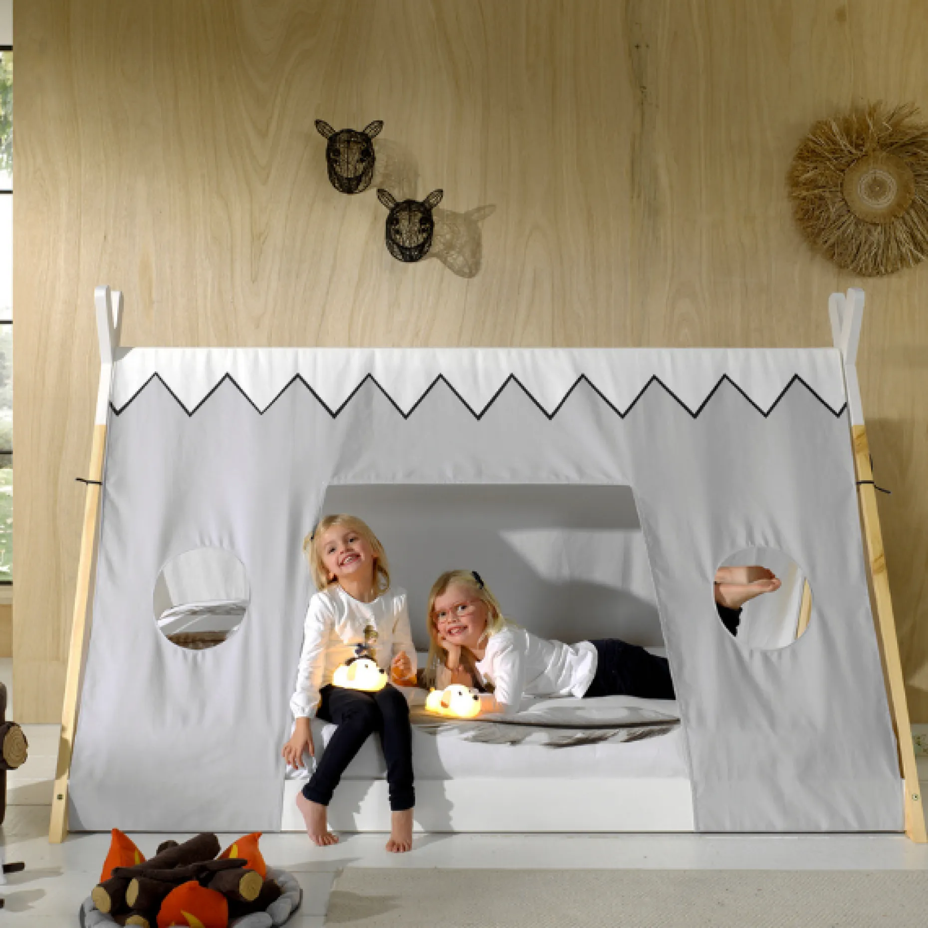 Tipi-Bett 90 x 200 mit Schlafzelt - weiß/Kieferholz