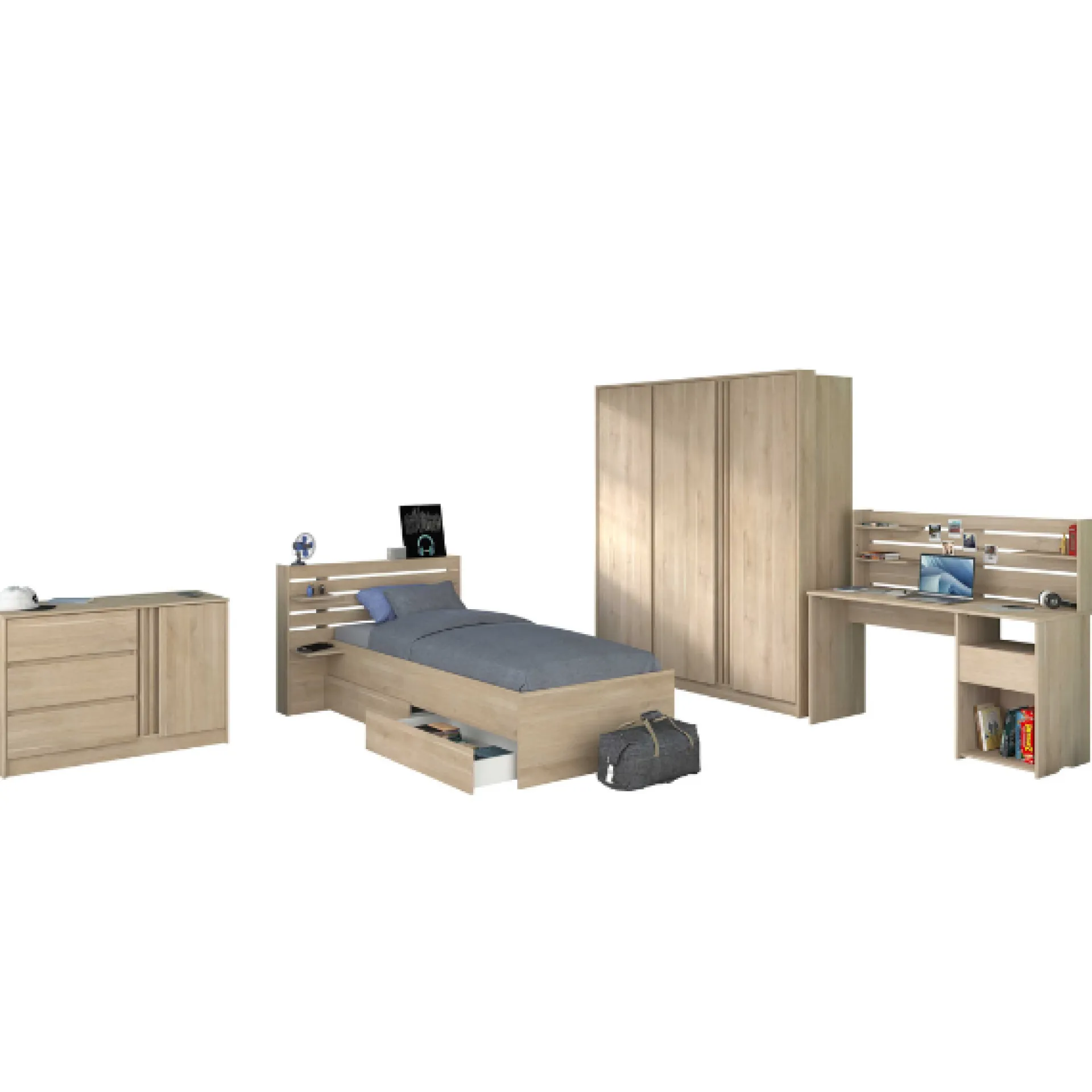 Kinder Parisot TokioKinderzimmer : Bett 90x200 mit Schubladen, Kleiderschrank, Kommode, Schreibtisch