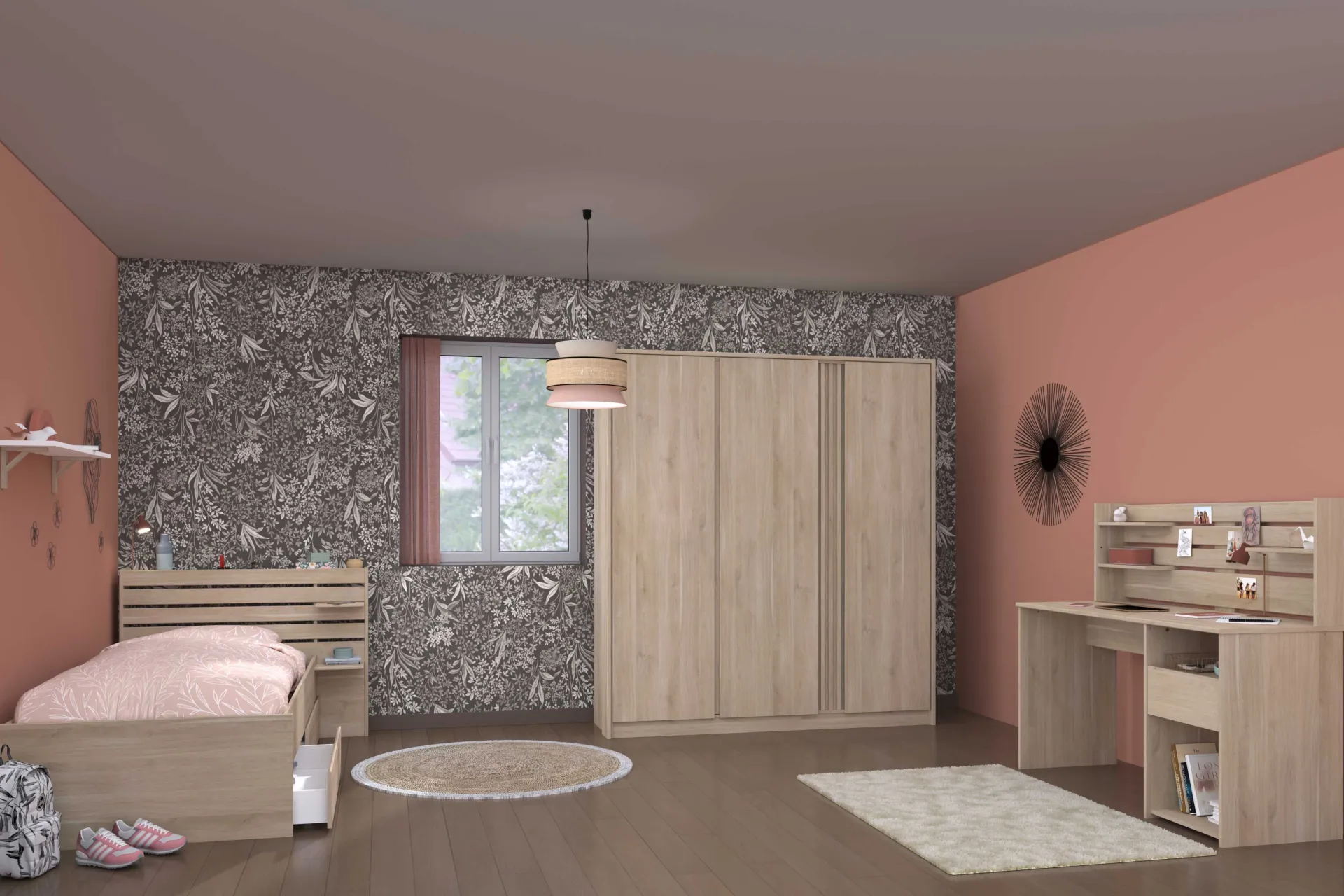 Kinder Parisot TokioKinderzimmer : Bett 90x200 mit Schubladen, Kleiderschrank, Schreibtisch