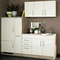 Held Toronto Creme Hochglanz Küchen-Set: Oberschränke, Spülenunterbau, Auszüge, Kühlschrank, Kochfeld - 30/148 Speisekammer