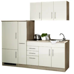 Held Toronto Creme Hochglanz Küchen-Set: Oberschränke, Spülenunterbau, Auszüge, Kühlschrank, Kochfeld - 30/148 Speisekammer