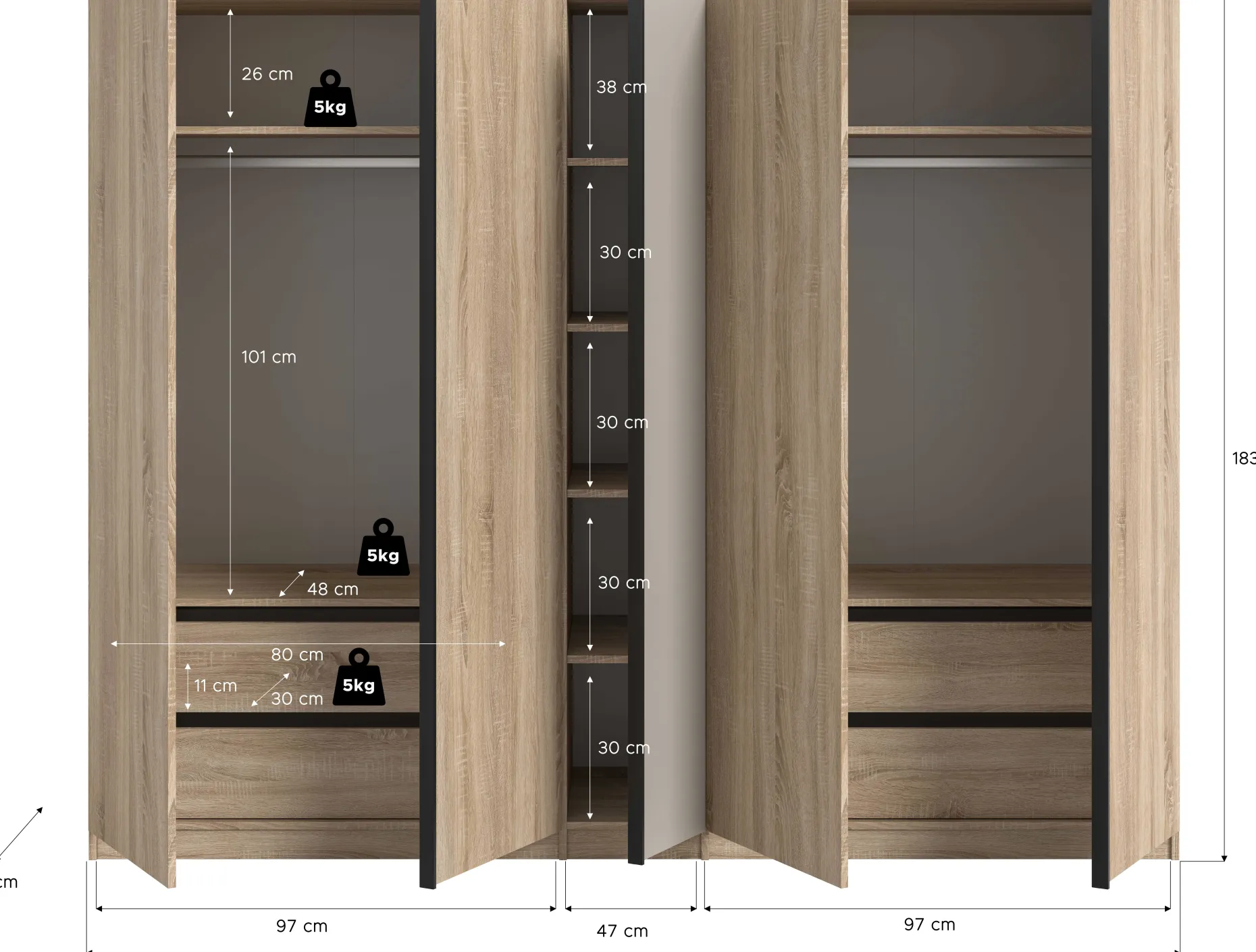 5-türiger Kleiderschrank Oakland Xonox Sonoma Eiche 230x183x53 cm