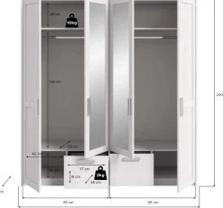 4-türiger Kleiderschrank Verona Xonox - sibiu-lärchenfarbene Oberfläche - 188x200x61 cm - Weiß